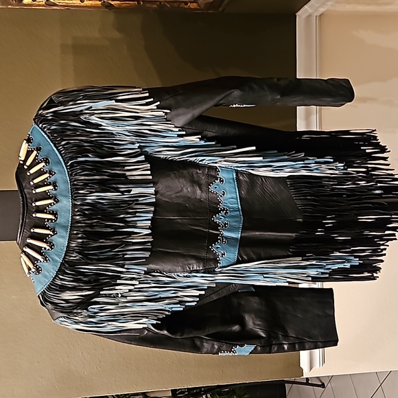 Sunriders Western Wear Turquoise & Black Fringe Bone Bead Riders Jacket sz L - Picture 6 of 13
